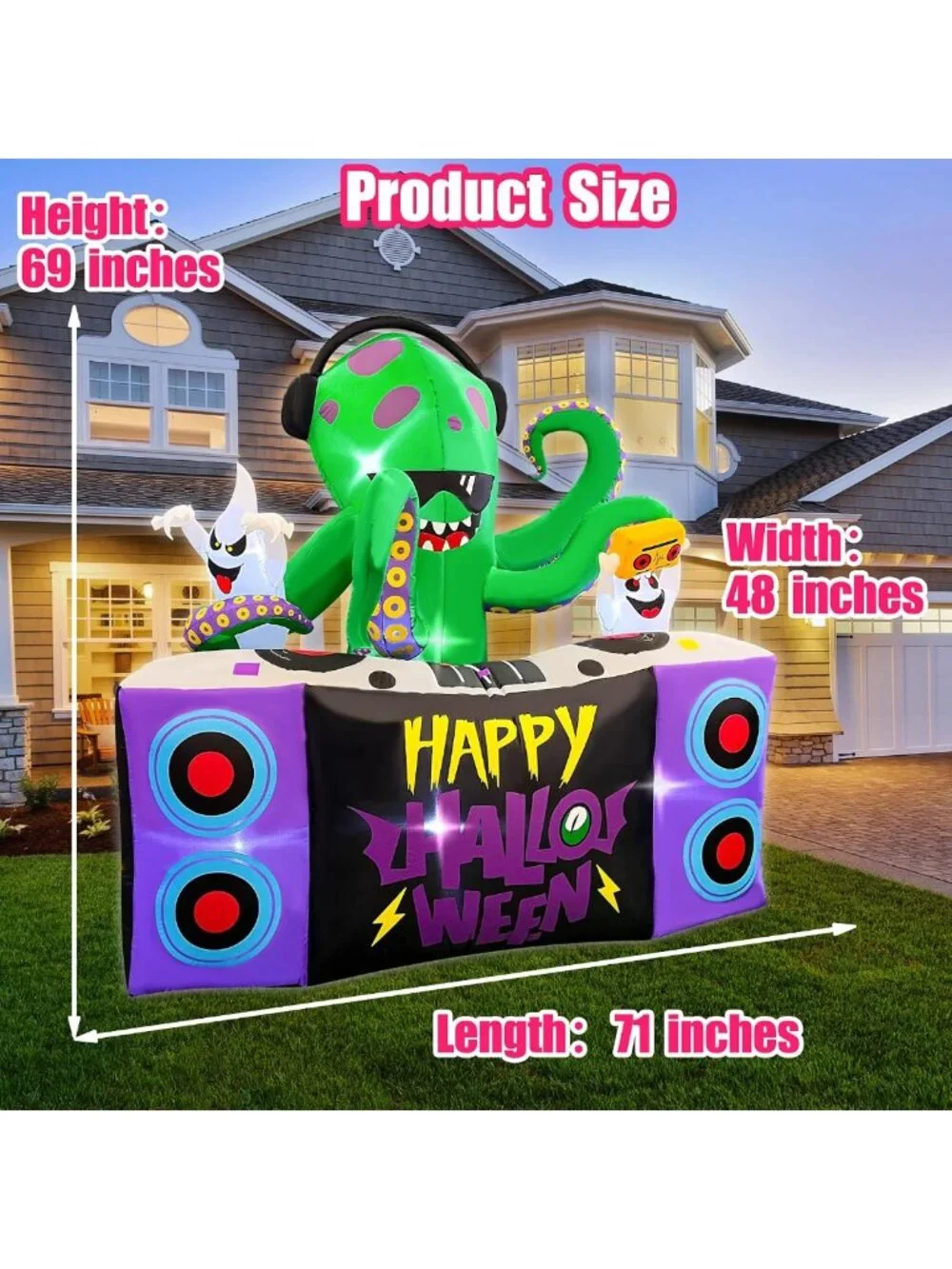 6FT Halloween DJ Octopus Inflatable with Music Turntable - Fun Outdoor Decor